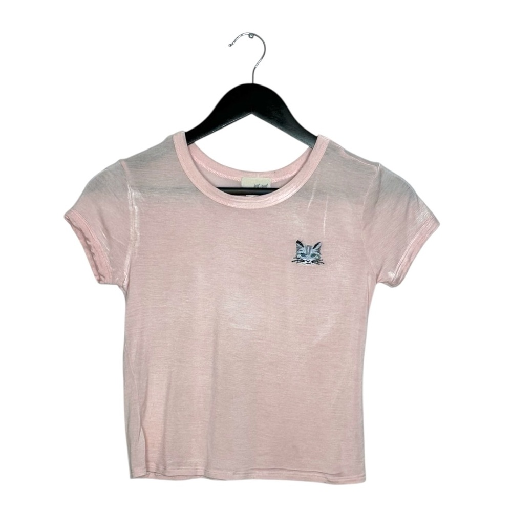 Wet Seal Pink Cat Embroidered Baby Doll Tee Fitted Y2K Top Size Medium Lolita